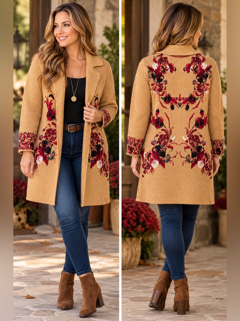 Vertigo Floral Jacquard Long Cardigan Jacket Camel Burgundy